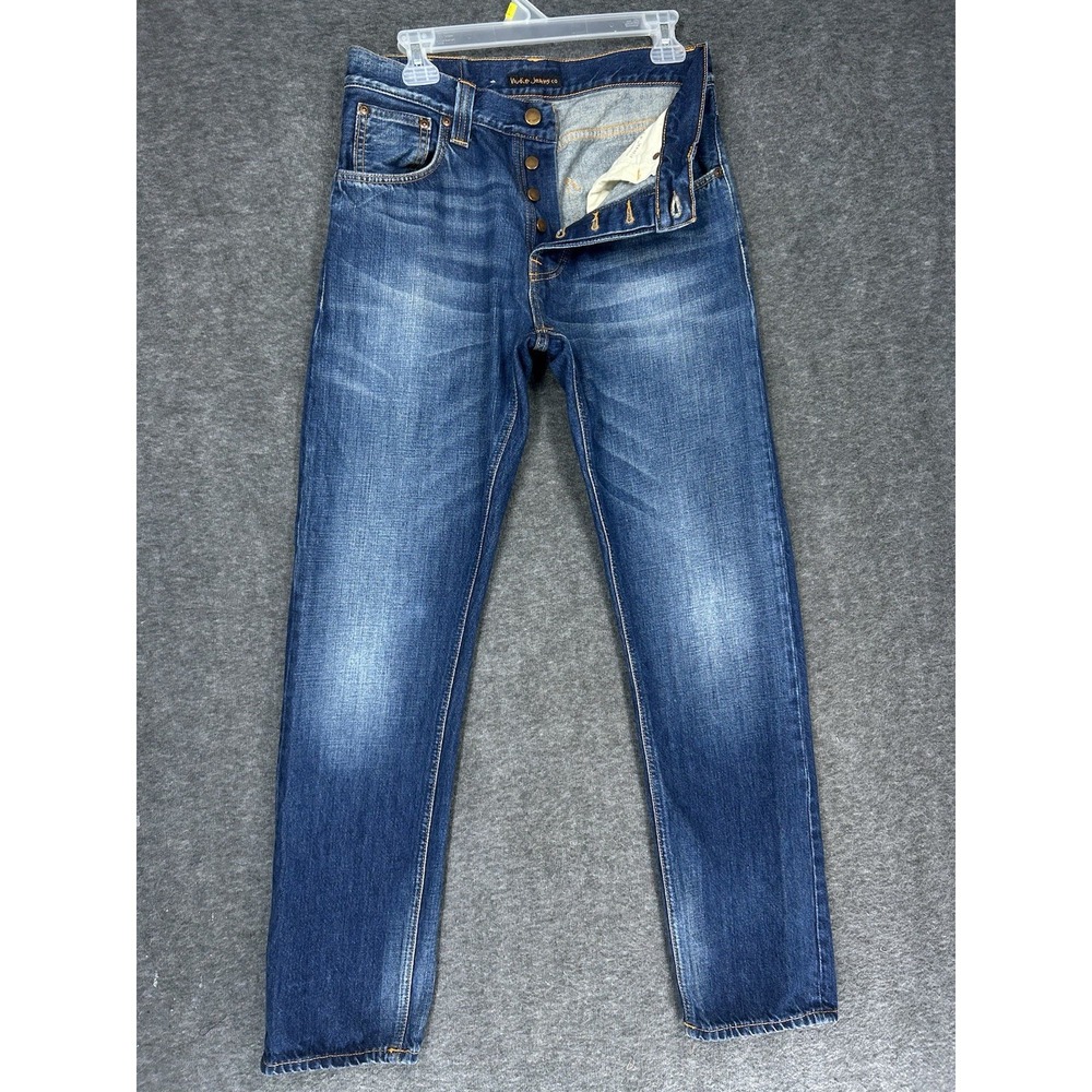 Nudie Jeans Mens 31x32 Blue Steady Eddie Organic Cotton Button Fly Denim‎